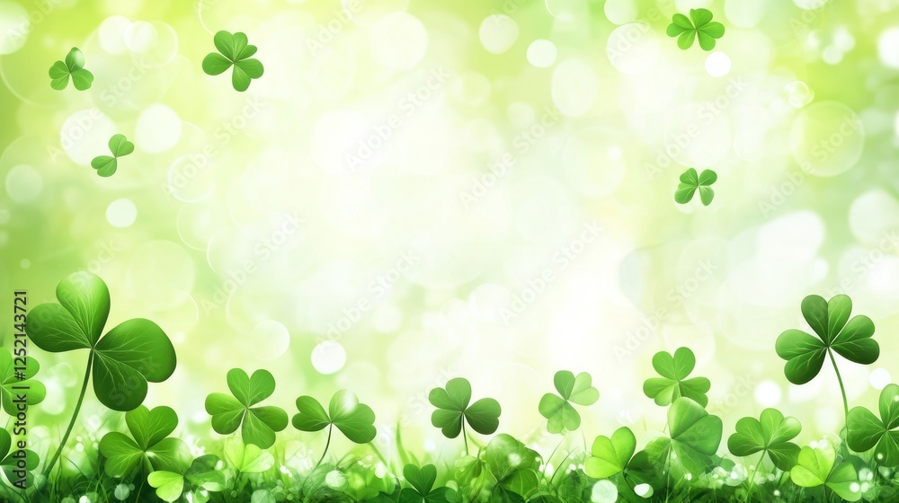 Lush green background with clovers and soft light.
