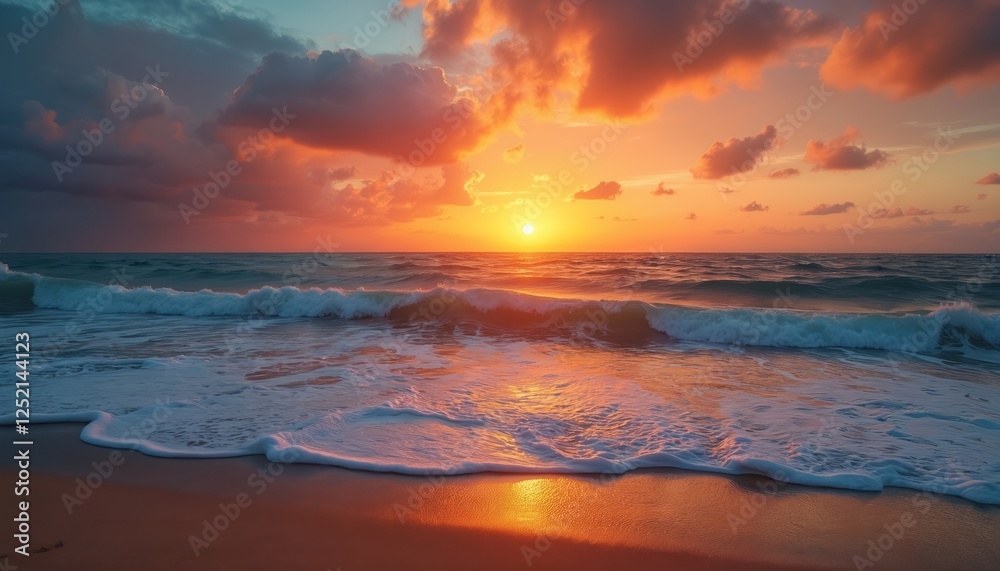 Sunset over ocean with wave. Waves crashing on shore, nature scene on beach, sun goes below horizon. Dusk sunrise dawn on coastline. Seascape with cloud, sky landscape. Tropical vacation background Sunset over ocean with wave. Waves crashing on shore, nature scene on beach, sun goes below horizon. Dusk sunrise dawn on coastline. Seascape with cloud, sky landscape. Tropical vacation background