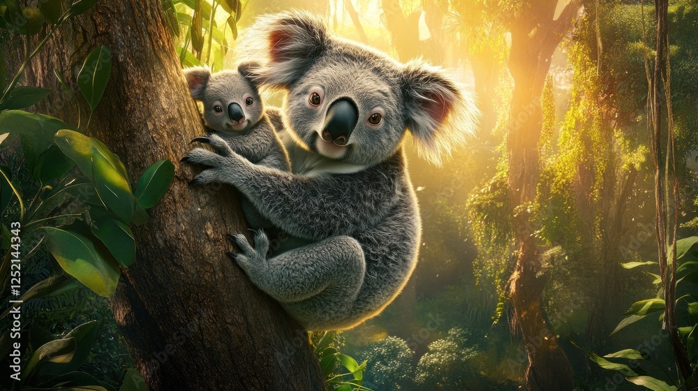 Obraz premium Mother Koala and Joey Embrace in Sunlight Forest
