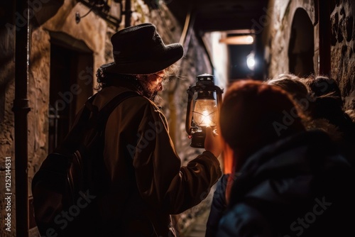 Ghost tour guide leads through dark alleyways with lantern light shadows shroud huddled tourists spooky atmospheric watermark