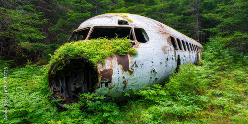 Wallpaper Mural A rusty wrecked passenger plane in the thick of the forest, overgrown with grass and leaves. Lost airplane, plane crash Torontodigital.ca