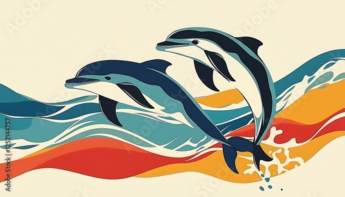 Illustrated poster abstract dolphins with geometric fins leaping through colorful waves, Swiss design photo