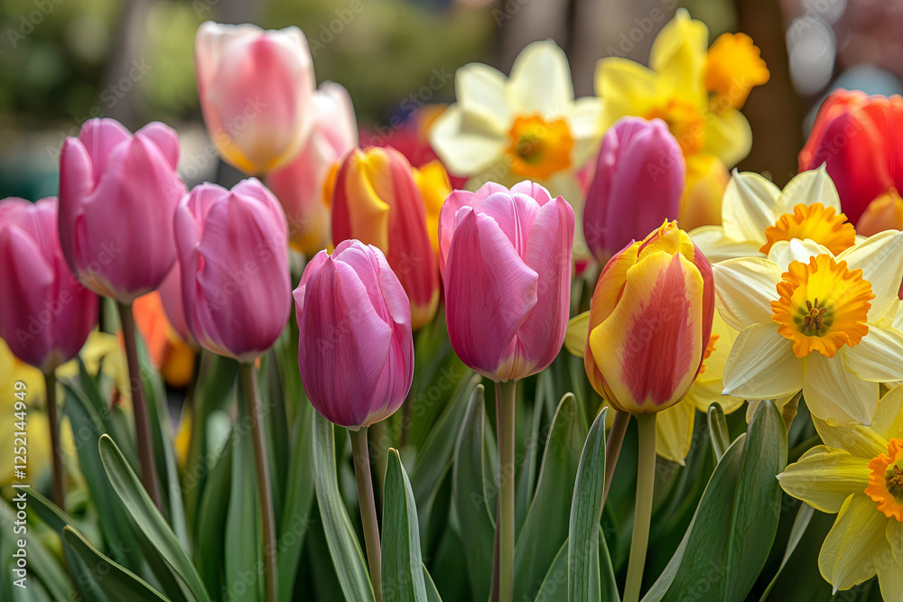 Colorful tulips blooming in a vibrant spring garden with daffodils in the background Colorful tulips blooming in a vibrant spring garden with daffodils in the background