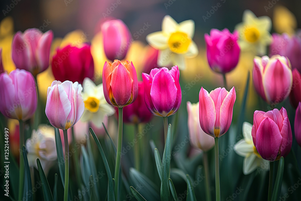 Fototapeta premium Colorful tulips blooming in a vibrant spring garden with daffodils in the background