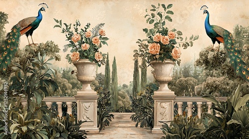 Fototapeta Naklejka Na Ścianę i Meble -  A vintage Roman garden mural with ornate flower vases and peacocks amidst lush botanical plants