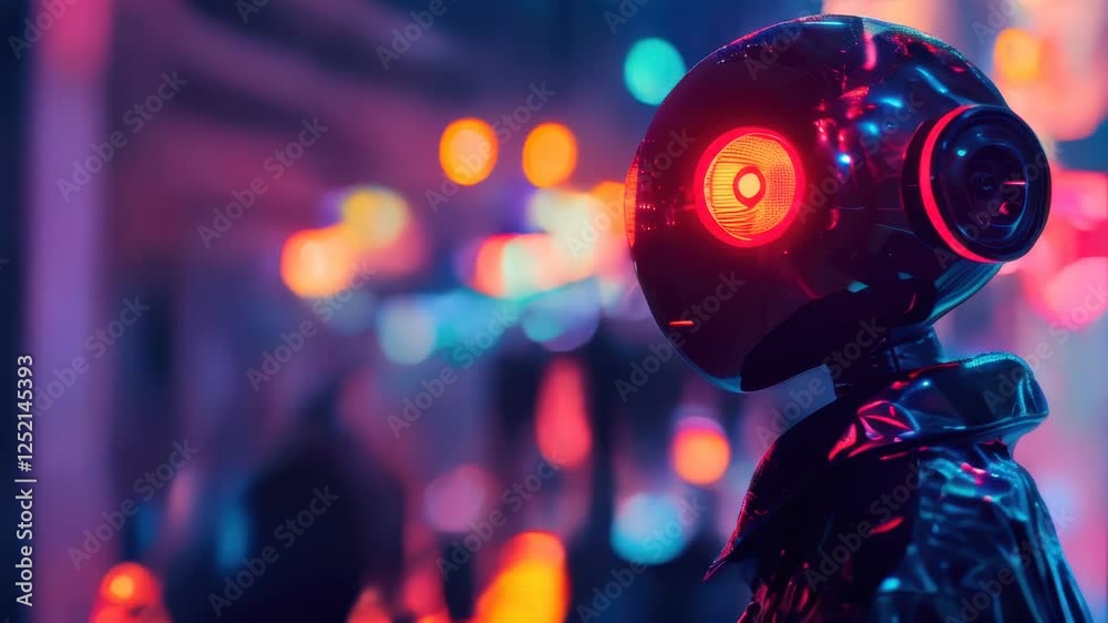There is a robot with a red light on his eyes