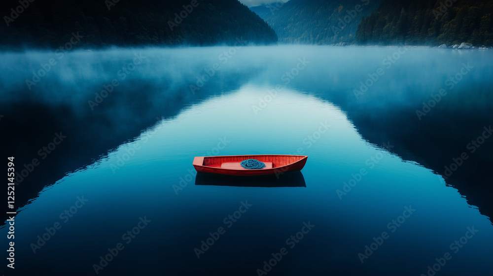 Naklejka premium Small Fishing Boat Drifting Through Dense Fog on a Tranquil Lake