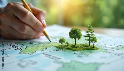 Planning green project and sustainable future ecology on a map with small trees. Hand draws eco-friendly company initiative for environmental social governance.