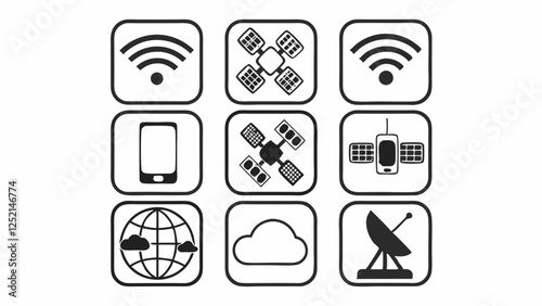 Simple Vector Icons Representing Wireless Communication and Satellite Technology
