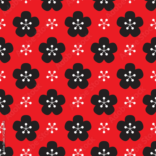 Little asterisks and retro blossoms vector repeating pattern. Vintage floral seamless illustration in black, red and white.