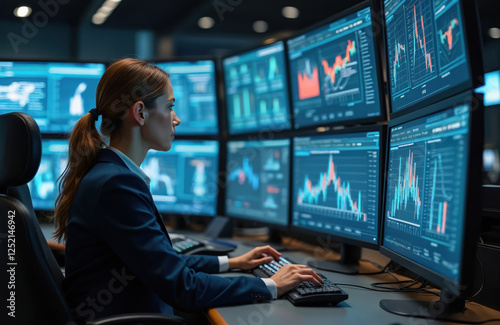 Female engineer analyzes complex data on multiple computer screens in high-tech control room. Specialist works, monitoring operation artificial intelligence, facility logistic, server monitor in photo