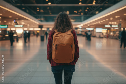 Wallpaper Mural A woman with a brown backpack is standing in a large, empty airport terminal Torontodigital.ca