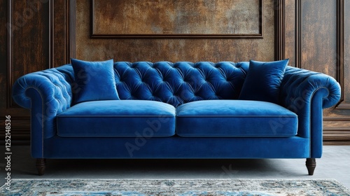 Sophisticated blue velvet chesterfield sofa with tufted detailing amidst a classically decorated interior photo