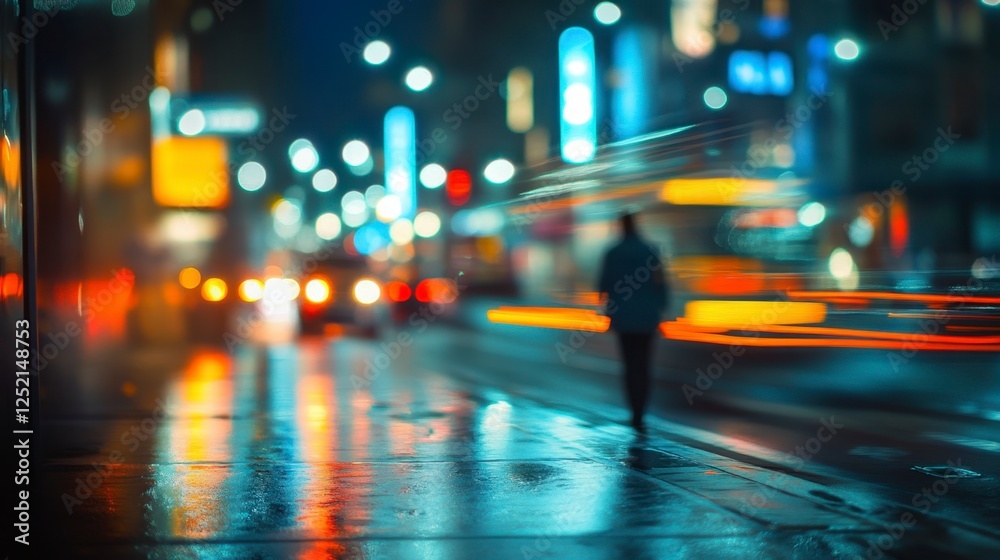 Night City Walk: Man Reflects on Rainy Street Night City Walk: Man Reflects on Rainy Street