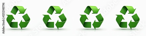 Illustration of four recycling symbols on white background. Symbols are green, 3D, with glossy finish. Eco friendly, environment protection concepts. Reuse, waste reduction. Eco symbol collection.