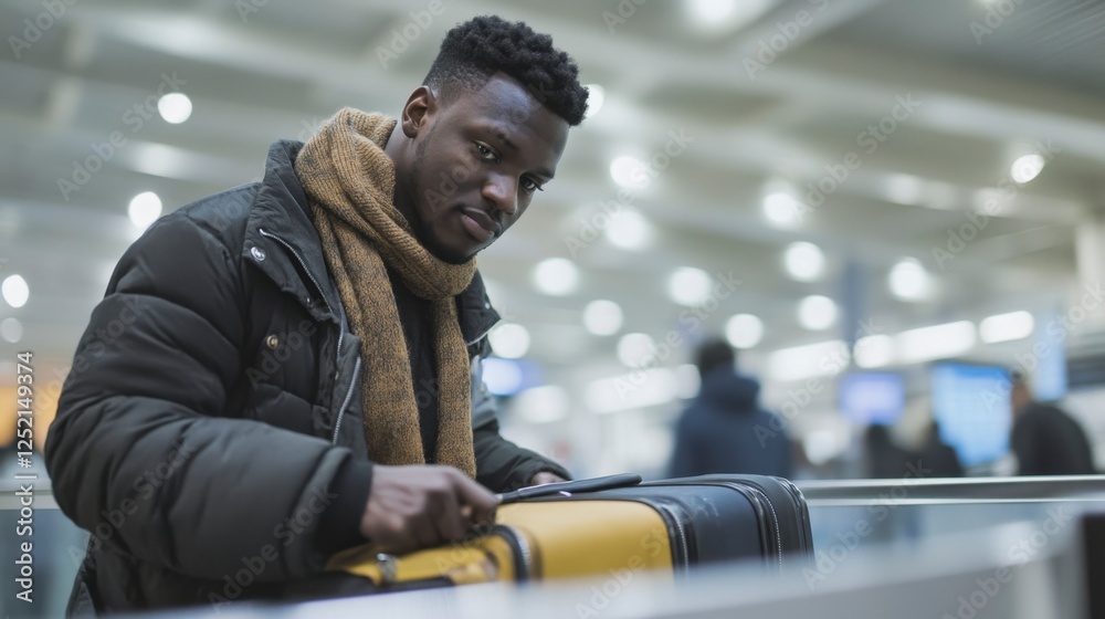Serious African man inspects luggage in modern airport with focus, safety Serious African man inspects luggage in modern airport with focus, safety