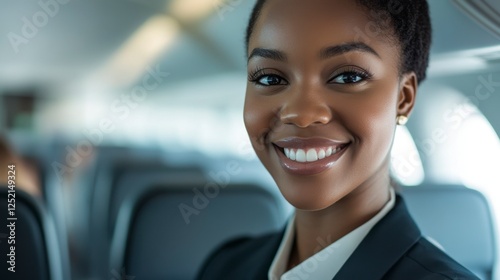 Smiling Afro-American Flight Attendant Onboard, Airplane Interior
