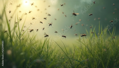 Mosquito swarm flying over green grass in summer day. Insects can transmit diseases, cause itchy bites. Pests annoy people outdoors, affect health, spread viruses. photo