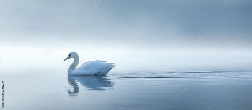 Fototapeta premium Graceful Swan Drifting on Misty Waters, Serene Nature