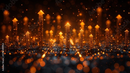 Glowing gold arrows ascend from a dark, sparkling background, symbolizing growth and optimism.