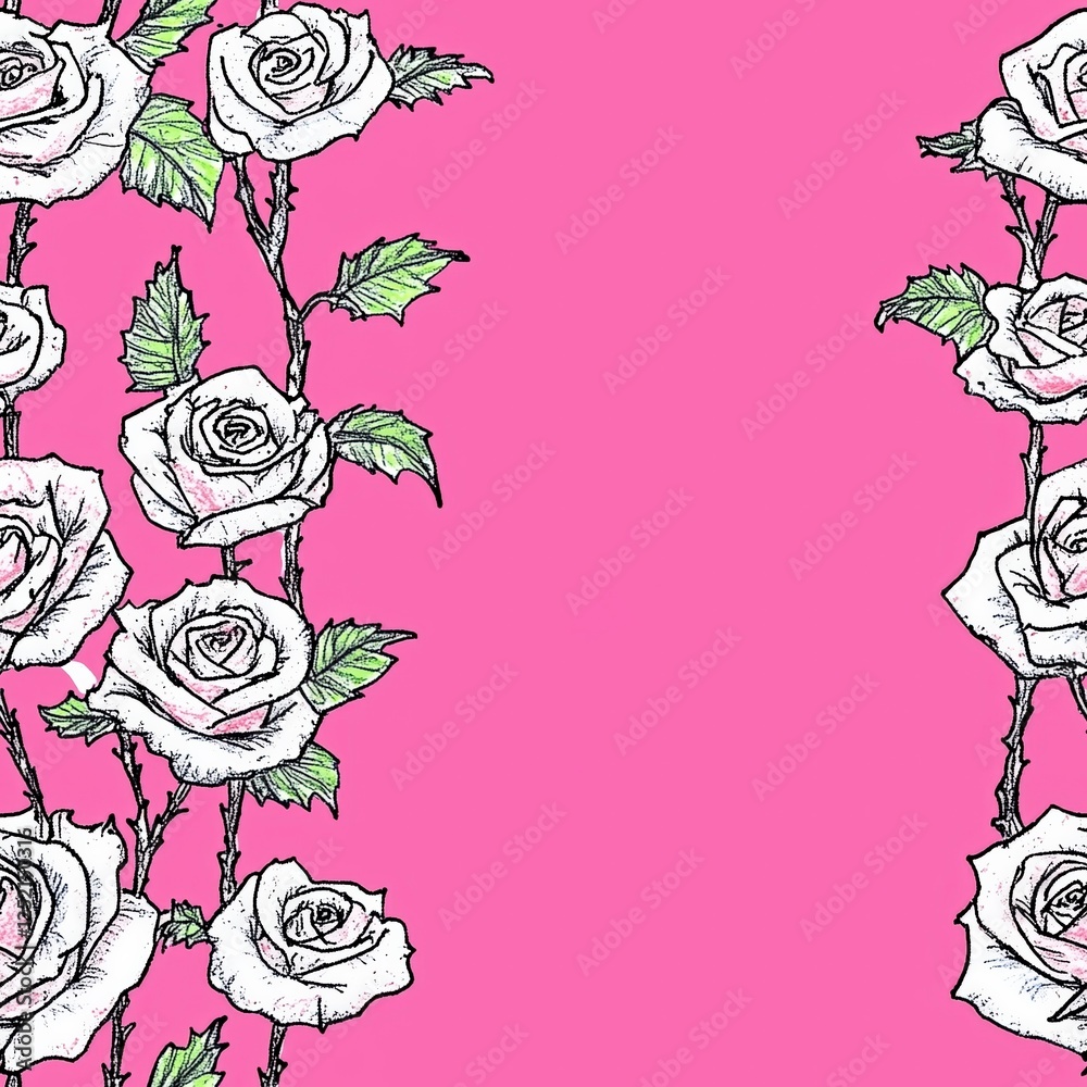 Fototapeta premium Seamless floral pattern featuring intricately engraved roses and thorny branches in black and white, set against a bold color background. Generative by Ai 