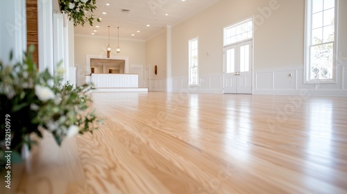 Bright event hall, wooden floor, white walls, wedding decor