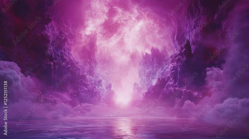 Obraz premium Purple Fantasy Landscape With Misty Mountains and Calm Water