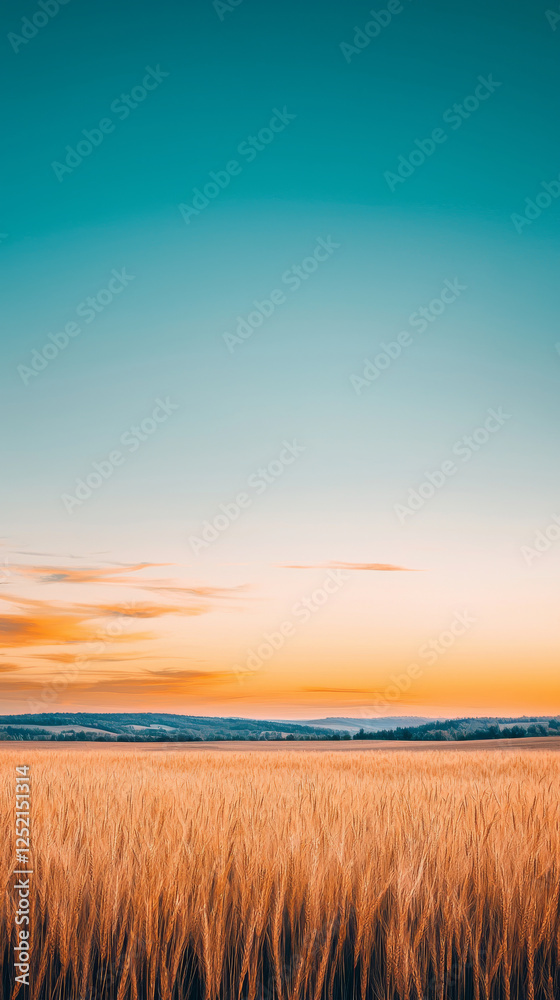 Golden wheat field under clear blue sky at sunset, creating serene landscape Golden wheat field under clear blue sky at sunset, creating serene landscape