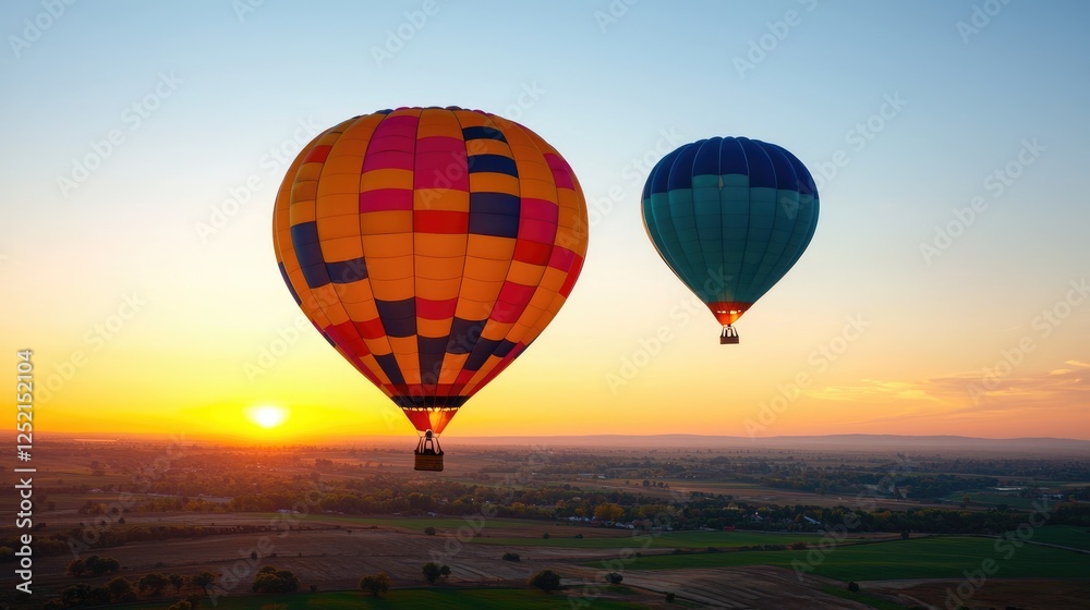 Naklejka premium Hot air balloons sunrise flight over rural landscape