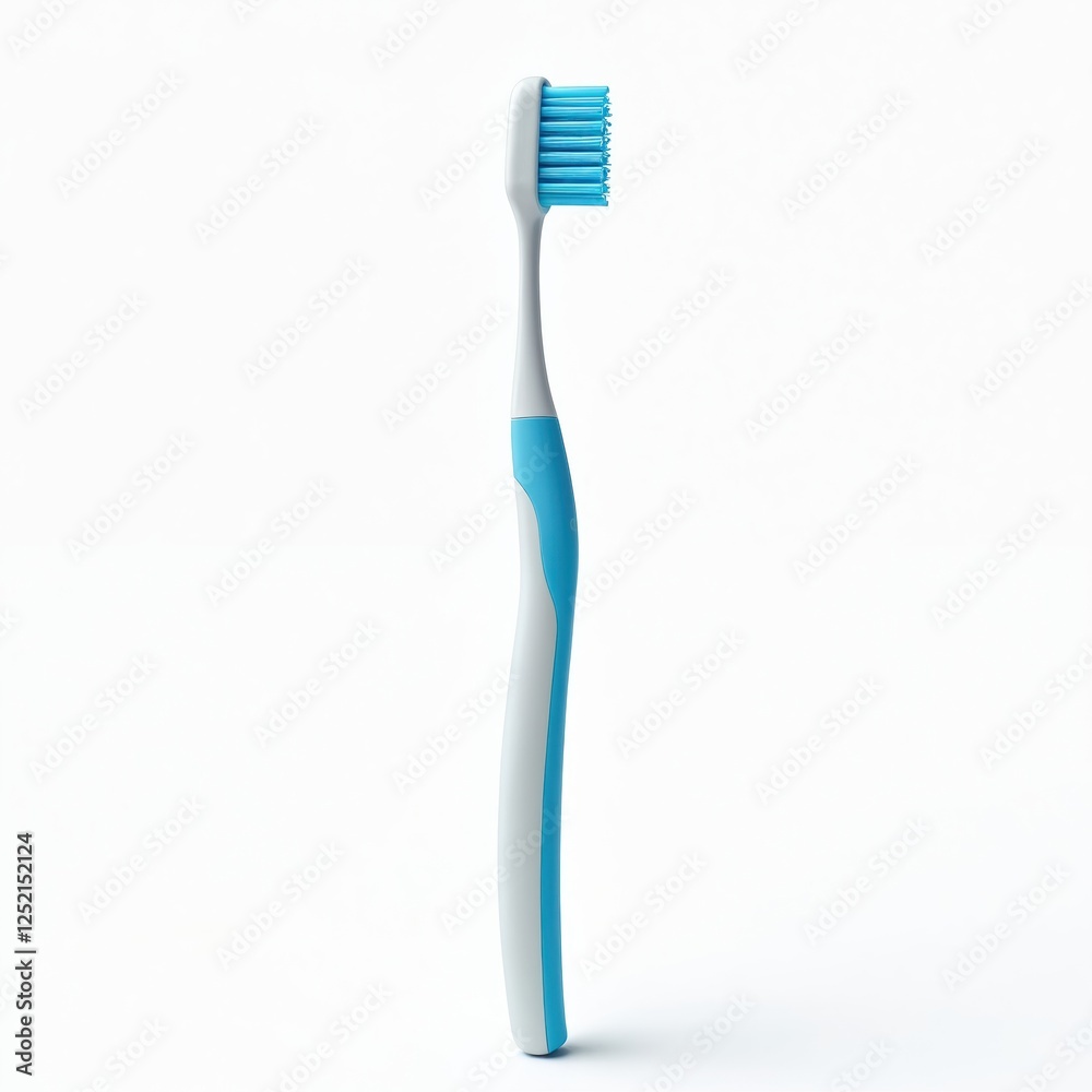 Side view of white plastic toothbrush with blue bristles on white background. Oral hygiene product mockup. Dental care, everyday teeth cleaning, morning routine concept. Side view of white plastic toothbrush with blue bristles on white background. Oral hygiene product mockup. Dental care, everyday teeth cleaning, morning routine concept.