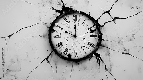 A cracked wall clock symbolizing the passage of time and the fragility of life. Time Fractures. Illustration
