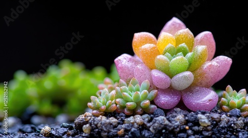 Colorful succulent plant close-up, dark background, nature photography, website banner