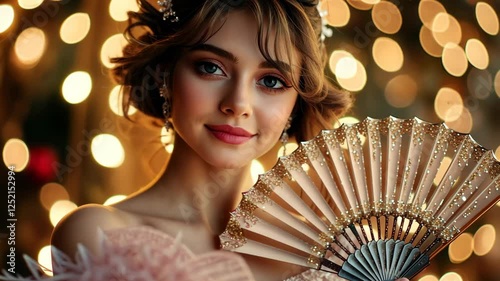 A beautiful woman in an evening dress with feathers holding a fan, against the backdrop of Christmas lights. The woman has brown hair styled into elegant curls 