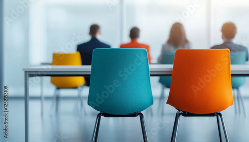 Modern office chairs in vibrant colors facing group of professionals