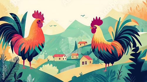 Illustrated poster featuring vibrant roosters with geometric tail feathers on a minimal farm backdrop, Swiss