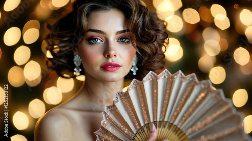 A beautiful woman in an evening dress with feathers holding a fan, against the backdrop of Christmas lights. The woman has brown hair styled into elegant curls 