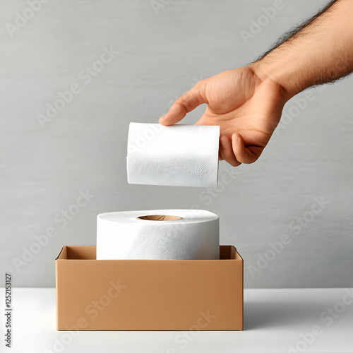 Hand holding toilet paper from box on gray background. Possible use Displaying a simple bathroom accessory photo