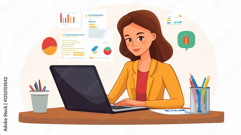 Woman using a laptop with data charts and graphs on the screen with other documents Woman using a laptop with data charts and graphs on the screen with other documents