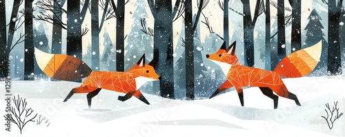 Illustrated poster foxes with geometric tails frolicking in a snow-dusted forest, Swiss-inspired design