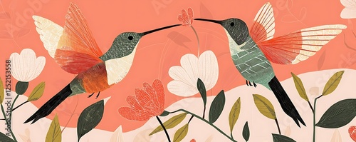 Illustrated poster hummingbirds with geometric feathers sipping nectar from stylized blooms, Swiss design