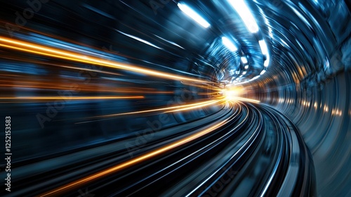Train traveling through an illuminated tunnel with bright lights and dark surroundings