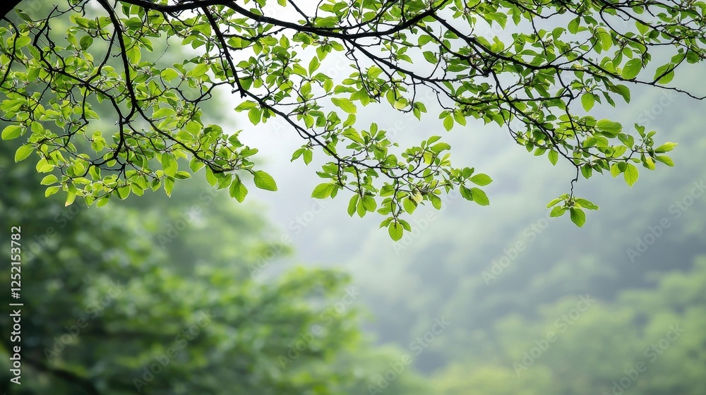 Tree branch with green leaves against a blurred natural background in a sunny outdoor setting Tree branch with green leaves against a blurred natural background in a sunny outdoor setting