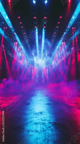  Symmetrical Festival Stage with Moving Disco Lights and Fog. Copy space. Generative AI