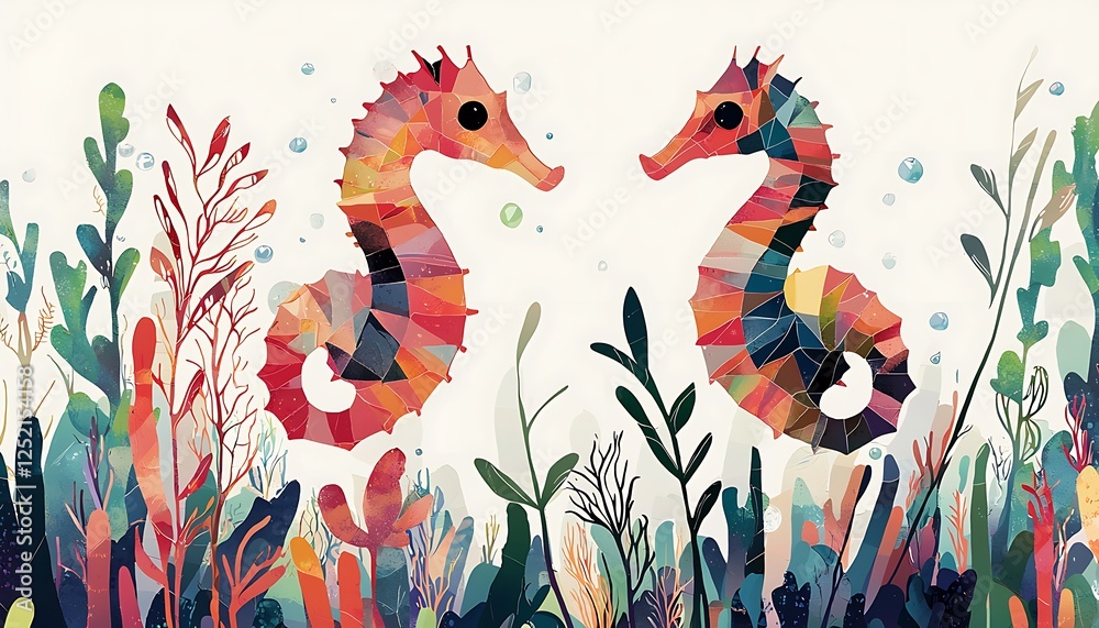Obraz premium Illustrated poster seahorses with translucent geometric designs floating among colorful underwater plants, Swiss minimalism