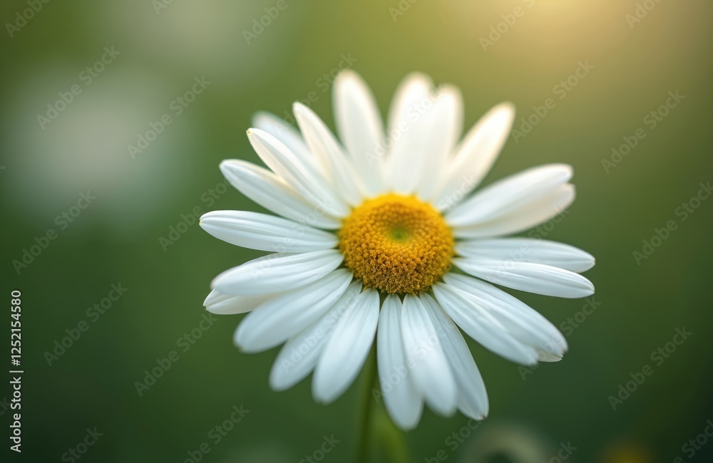 Close-up of white daisy flower with golden heart. Marguerite petals unfold like sunbursts, revealing its beauty. Floral wallpaper. Chamomile blossom on a blurred green meadow. Close-up of white daisy flower with golden heart. Marguerite petals unfold like sunbursts, revealing its beauty. Floral wallpaper. Chamomile blossom on a blurred green meadow.