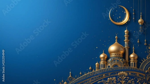 Eid Mubarak night view background with Arabic style arch border and lanterns. copy space for text photo