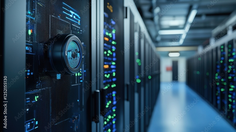 Row of servers arranged in a data center with blinking lights and cables for network and data storage Row of servers arranged in a data center with blinking lights and cables for network and data storage