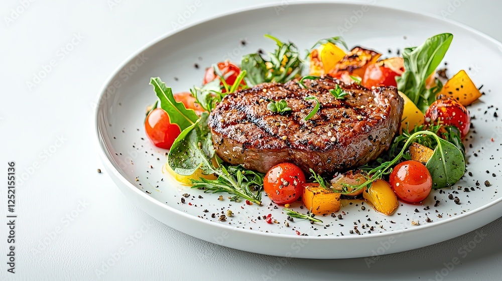 Grilled Steak Served with Fresh Vegetables and Herbs on Plate Grilled Steak Served with Fresh Vegetables and Herbs on Plate