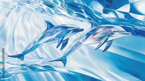 Illustrated poster dolphins with translucent geometric fins leaping through abstract waters, Swiss design