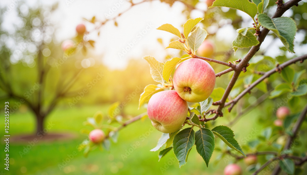 Apple tree with ripe apples against a sunny orchard background Apple tree with ripe apples against a sunny orchard background